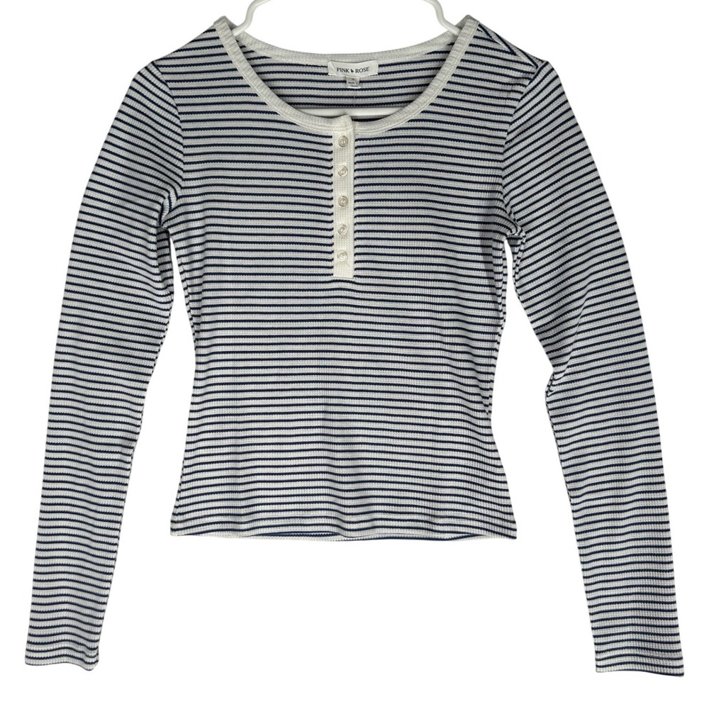 Pink Rose Long-Sleeved Cropped Henley Shirt White Navy Stripe Women's Small NWT
